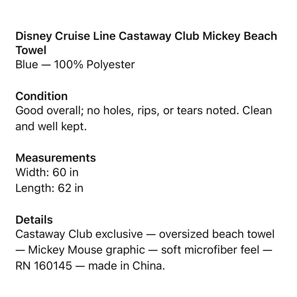 Disney Cruise Line Castaway Club Mickey Mouse Oversized Beach Towel Blue